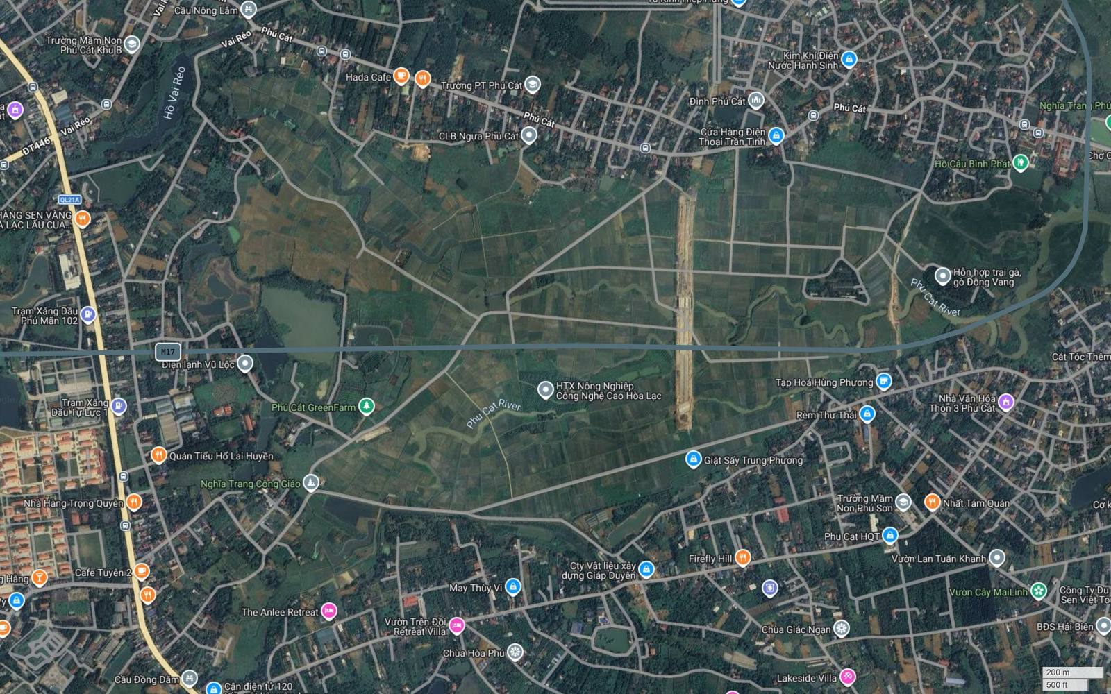 Điểm cực đông của tuyến metro số 17 Hà Nội gần dòng Phu Cat River, hành lang bắt đầu uốn cong từ hướng đông sang hướng bắc